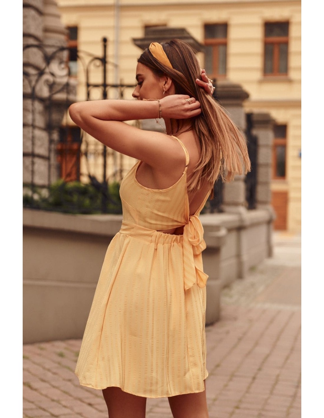 Striped dress tied at the back, yellow PR3202 - Online store - Boutique